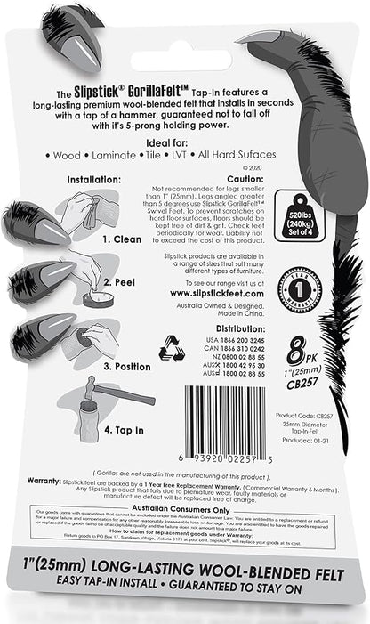 GorillaFelt CB257 Chair Leg Floor Protectors/Felt Glides (Set of 8) Tap On Felt Furniture Pads Guaranteed to Stay On, 1 Inch Round Sliders
