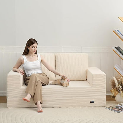 COMAX Convertible Sofa Bed Queen, Folding Fold Out Couch Bed, Floor Futon Couch Corduroy Sleeper Mattress with Back Pillows, Boneless Sofa Comfy Lounge Loveseat for Living Room Bedroom, Beige