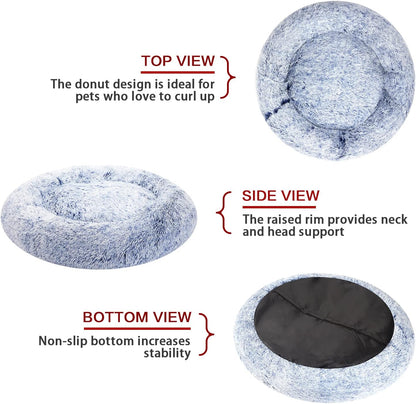 Bedfolks Calming Donut Dog Bed - 36 Inch Round Plush Beds for Large Dogs, Anti-Anxiety Machine Washable (Navy Blue, Large)