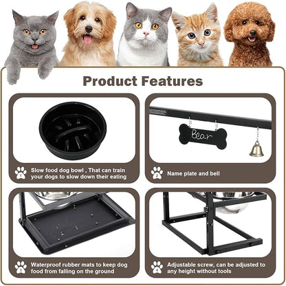 Elevated Dog Bowls with Slow Feeder for Large Dogs – Adjustable Raised Stand with 2 Stainless Steel Bowls & Spill-Proof Mat, Non-Slip Dog Feeder for Large & Medium Dogs (Black)