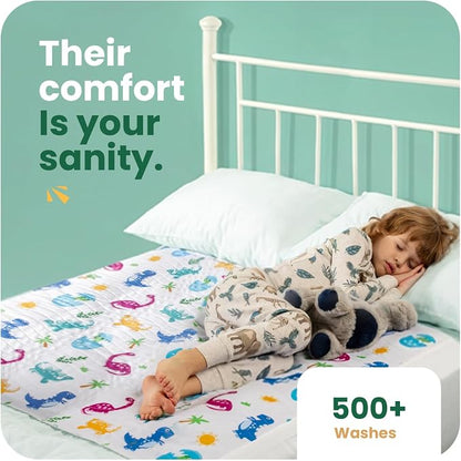 IMPROVIA® Pee Pads for Kids - Bed wetting Pads for Kids Potty Training Bed mats for Toddlers Waterproof Reuseable Washable Absorbent, Non Slip - Dino Design - Full Size 34”x52