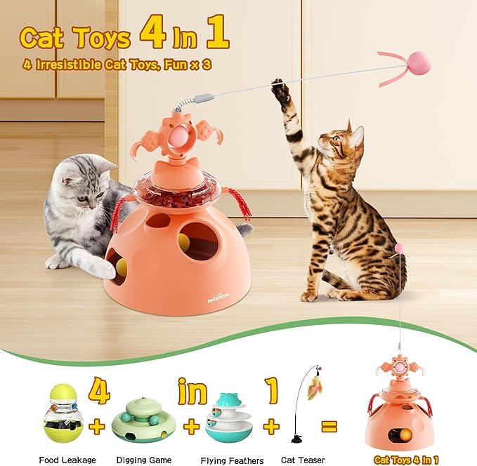 4-in-1 Cat Toys, Interactive Cat Toy with Track Balls, Fluttering Feathers, Slow Food Dispenser, Fun & Engaging Toys for Bored Indoor Cats, Durable & Safe Interactive (Pink)