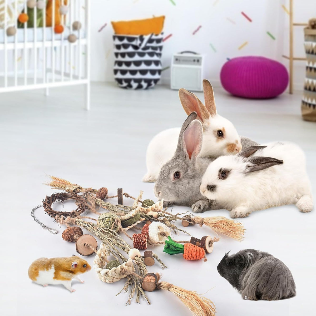 Bissap Bunny Chew Toy, Rabbits Cage Hanging Chew Toys and Treats Rattan Ring with Snacks Water Grass Wooden Block Carrot for Guinea Pigs Chinchillas Hamsters Rats and Other Small Pets Teeth Grinding