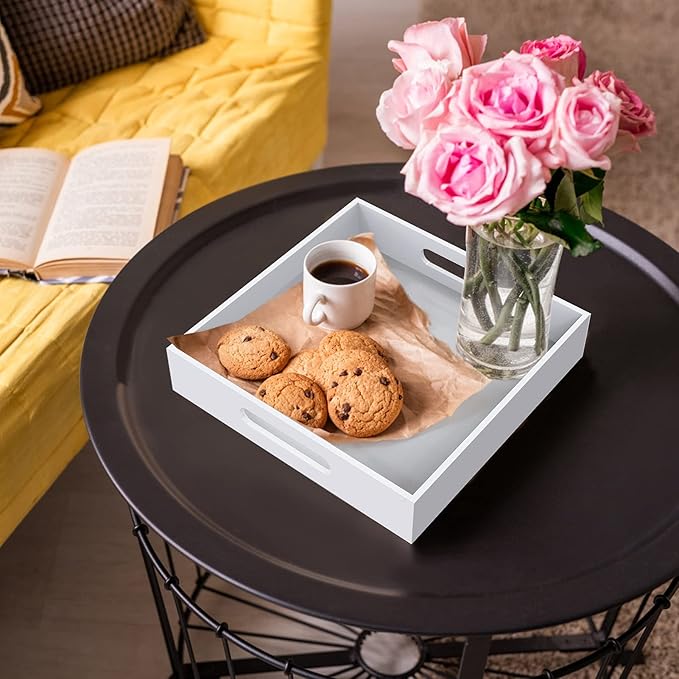 Home Decorative Coffee Table Tray, 10"x10" Elegant Acrylic Serving Trays with Handles Works for Eating, Breakfast, Makeup Drawer Organizer,Bathroom Vanity Table,Ottoman Tray, White