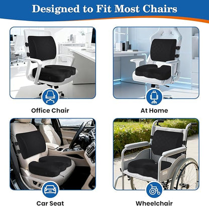 TushGuard Back&Seat Cushion, Car Seat Office Chair Cushions, Breathable Memory Foam Lumbar Back Support Pillow, Portable Airplane Seat Cushion for Travel, Computer Desk, Wheelchair, Driving (Black)