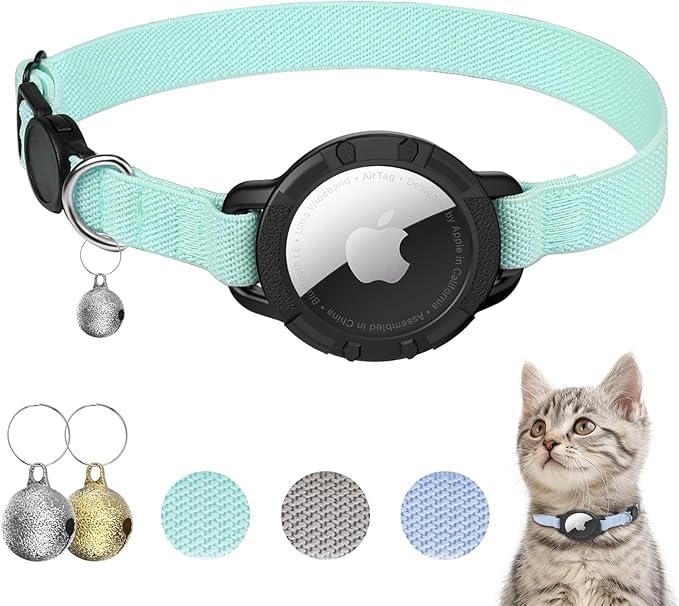 AirTag Cat Collars, Stretchy Collar with Apple AirTag Holder and Bell, Breakaway Ultra Design Elastic GPS Tracking Collars for Cats and Puppies, (7.5-12.5 Inch), Green