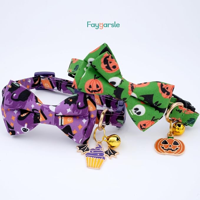 Faygarsle 2 Pack Cute Seasonal Cat Collar for Halloween and Fall Breakaway Collar with Bells Bowtie Cute Patterns for Female and Male Cats Green Purple Cat Collar