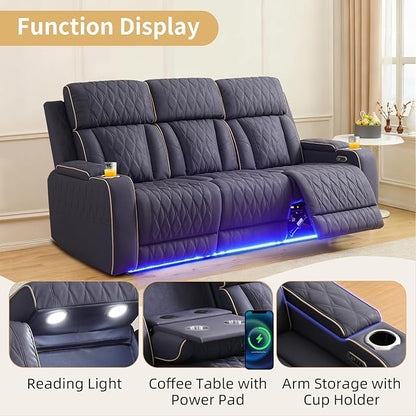 Caberryne Power Recliner Sofa with LED Lights,Suede Leather Reclining Couch with Double Recliner/USB Port/Coffee Table/Cup Holder for House/Home Theater(3 Seater Sofa,Navy)