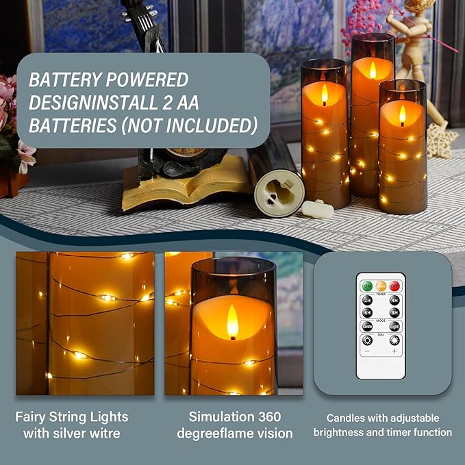 Flameless Candles with Embedded Star String, Battery Operated LED Pillar