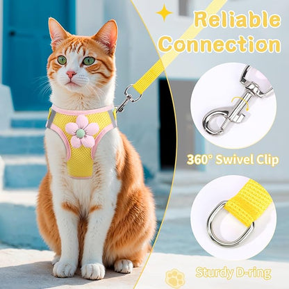 Cat Harness and Leash Set for Walking Escape Proof, Adjustable Kitten Harness Breathable Mesh with Reflective Strips Harness with Flower for Kitty Puppy Bunny Yellow Small