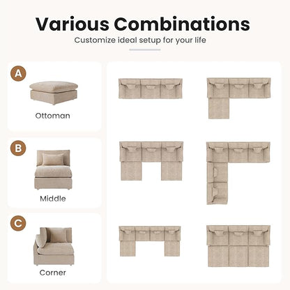 Could Couch Modular Sectional Sofa with Ottoman,Down Filled 120inch V Shaped Couch,Convertible Sofa Bed Living Room Set,6 Seat Sleeper Couched Bed, Cover Washable and Replaceable