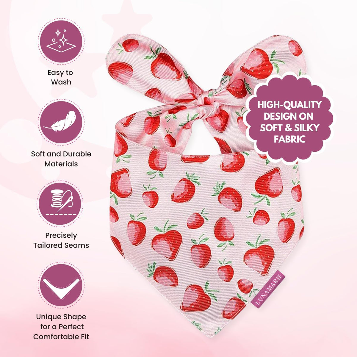 LunaMarie - Luxury Pet Birthday Bandanas -Premium & Silky Poly Fabric | 100% Handmade | Custom Shape Dual Layered (Strawberry, X-Small)