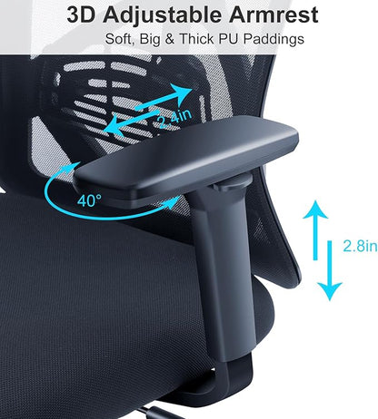 Ticova Ergonomic Office Chair - High Back Desk Chair with Adjustable Lumbar Support, Headrest & 3D Armrest - 130°Rocking Mesh Computer Chair