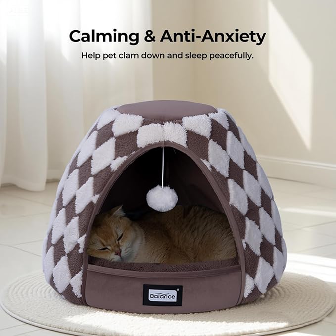 BALANCE Cat Beds for Indoor Cats, 2-in-1 Cat Bed Cave with Anti-Slip Bottom and Ultra-Soft Plush, Cozy Cats House Tent for Kittens and Small Dogs, 19 Inches, Dark Brown