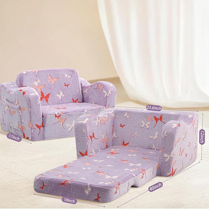 MeMoreCool Toddler Chair Comfy 1-3 Years Old, Kids Couch for Playroom, Convertible Glowing Butterfly Flip Out Sofa, Kids Furniture Floor Recliner Chair Bed