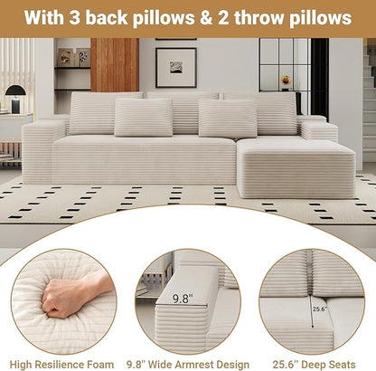 KAPEETOO Modular Sectional Sofa Cloud Couch for Living Room, Right L Shaped Boneless Couch with Chaise Longue, Oversize 3-Seater Sectional Sleeper Sofa Set with Deep Seat Bedroom (White)