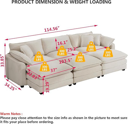 Aoowow Corduroy 3 Seater Sleeper Couch with Ottomans,Large Cloud Couches for Living Room,Tufted Modular Sectional Cloud Sofas Deep Seat,Oversized Chaise Lounge Sofa (Beige, 3 Seater + 3 Ottoman)