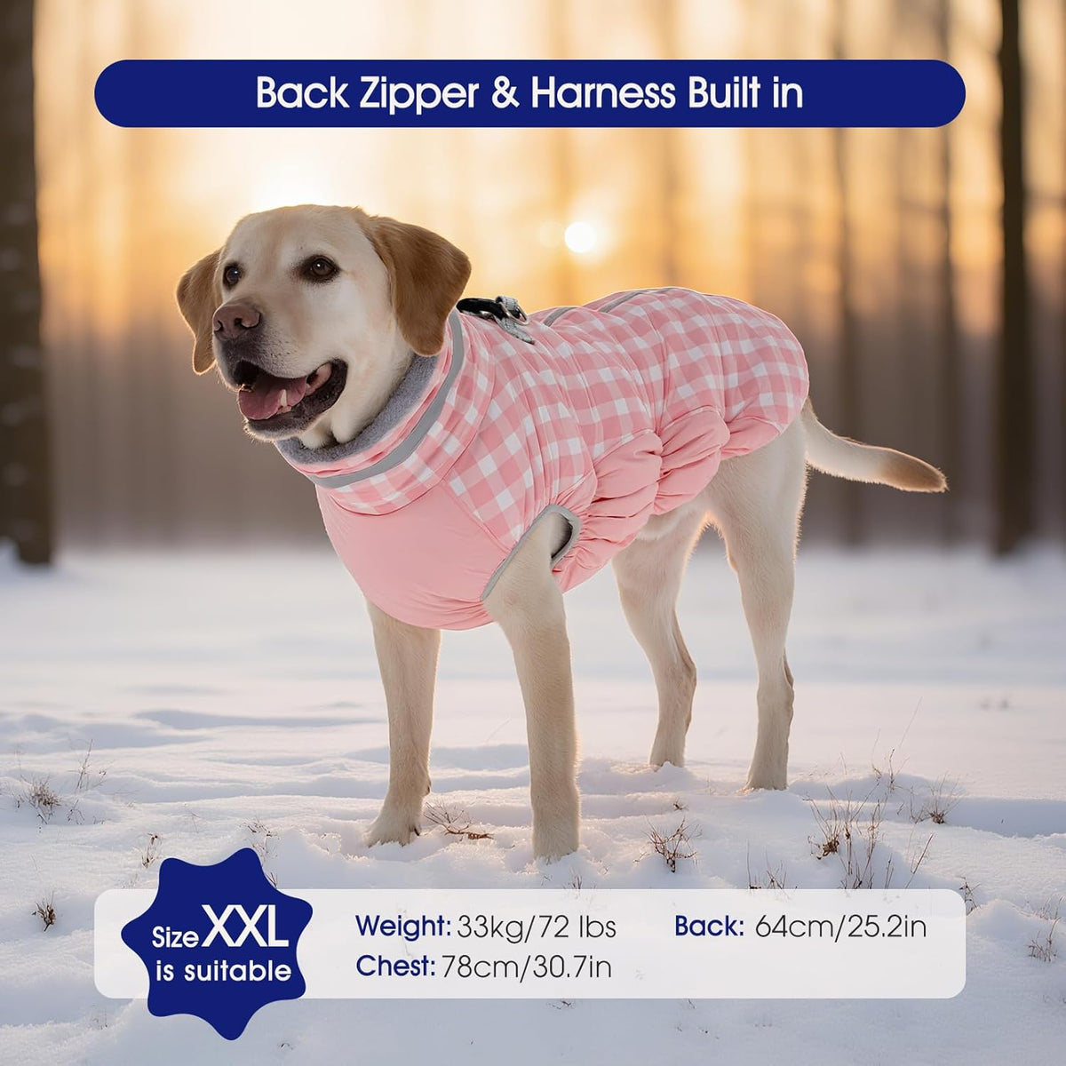 FUAMEY Dog Coat for Large Dogs,Waterproof Dog Winter Jacket with Harness Built in Puppy Cold Weather Coats Reflective Pet Vest with Zipper Warm Fleece Dogs Snowsuit Windproof Pink Plaid 3XL