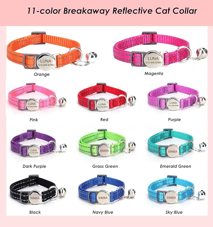 Personalized Reflective Cat Collar with Bell and Breakaway Buckle - Engraved Name and Phone Number