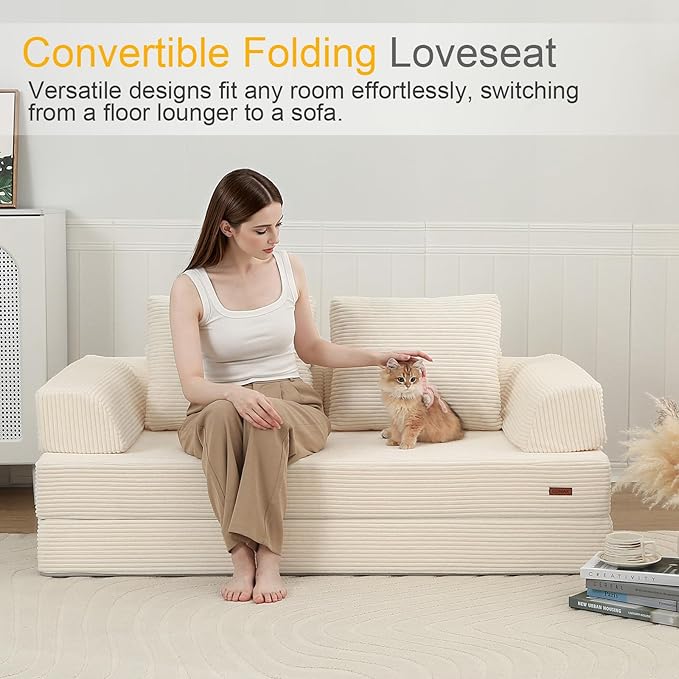 COMAX Convertible Sofa Bed, Folding Floor Couch Corduroy Fold Out Couch Bed Futon Sleeper Mattress with Pillows, Boneless Sofa Comfy Lounge Loveseat for Living Room Bedroom, Beige