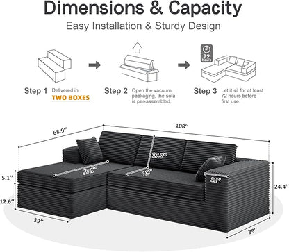 luckyvo 108-inch Boneless Couch for Living Room，Comfy Boneless Sofa with Deep Seats & Chaise Lounge, 3-Seat Modular Sofa Memory Foam Sectional Couches - No Assembly Required(Dark Grey)