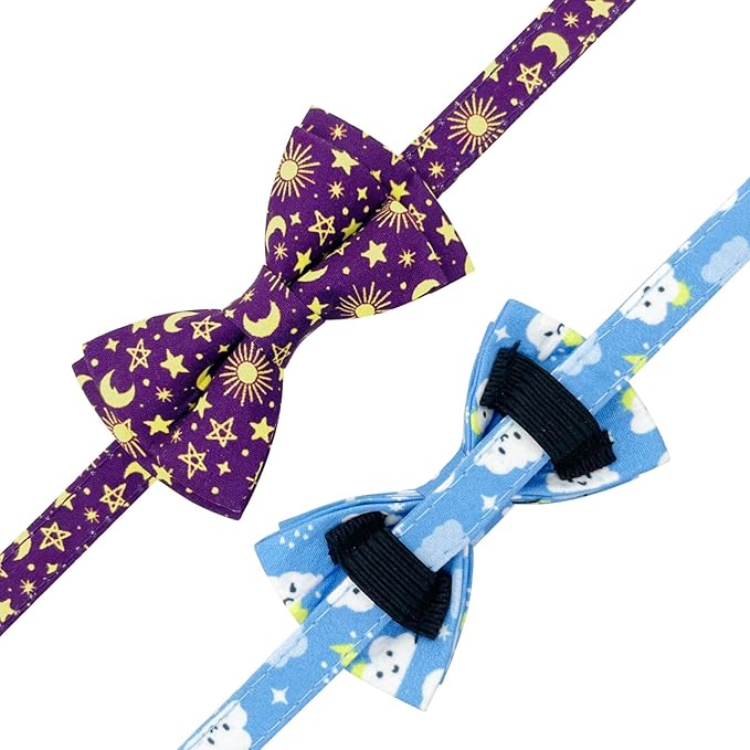 2 Pack Cotton Cat Collar with Bow Tie and Bell for Girl Boy Cats,Cute Purple Moon and Blue Cloud Pattern Spring Summer Breakaway Cat Collar for Male Female Cats(Moon&Cloud)