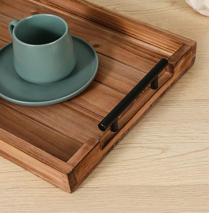 Coffee Table Tray Decorative Nested Vintage Wood Serving Tray Set for Eating, Breakfast, Party, Kitchen, Ottoman,Tea Coffee Table Large Ottoman Trays (Wood, 2pc)