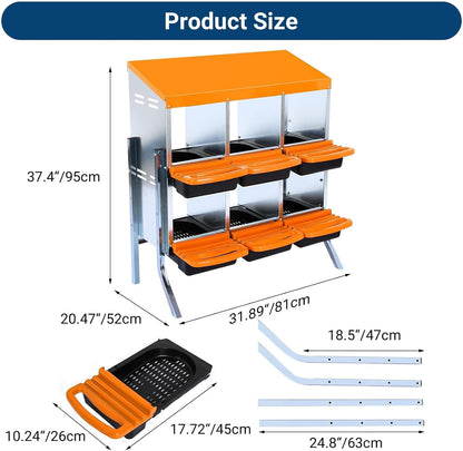 Chicken Nesting Boxes, 6 Hole Metal Chicken Laying Box with with Removable Trays and Roll Out Egg Collection for Chicken Coop, with Metal Bracket, Orange