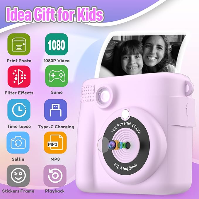 Instant Print Camera for Kids, Christmas Birthday Gifts for Girls Boys Age 3-12,Digital Kids Cameras for Toddler, Portable Toy for 3 4 5 6 7 8 9 10 Year Old Girl with 32GB SD Card-Purple
