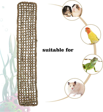 39 x 7 Inches Seagrass Mat, Natural Seagrass Woven Net, Bird Hammock Mat with Hooks, Cage Accessories, Climbing Rope Ladder Chew Toys for Cockatiel, Hamster, Guinea Pig, Rats, Parakeet