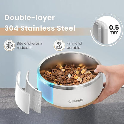 Pawaii Dog Bowl, 34 oz Stainless Steel Food and Water Bowl, ID Tag, 1 Pack | Double-Wall Design,Non-Slip Rubber Base,Dishwasher Safe,Smooth Open Design, Not a Slow Feeder,Easy-Rinse Interior