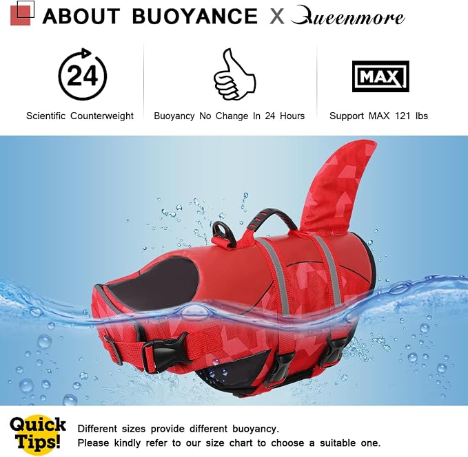 Shark Dog Life Jacket, LifeVests for Boating, High Buoyant Dog Life Vest for Swimming, Adjustable Easy On Pet Jackets for Small, Medium, Large Dogs (Red Triangle,XL)
