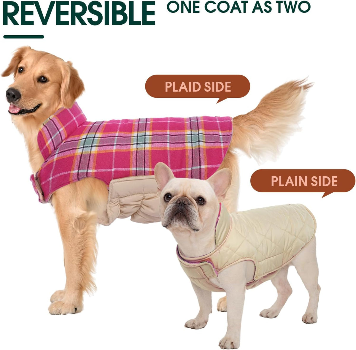 Kuoser Waterproof Dog Coat, Reversible Dog Jacket for Large Dogs, Adjustable Durable Doggie Winter Coat for Groowing Puppies Warm Puppy Cold Weather Apparel, Rose L