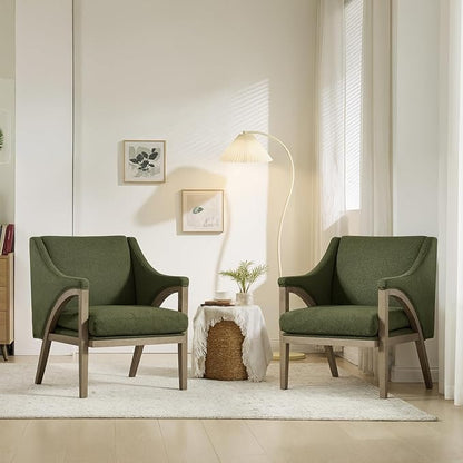 CIMOTA Mid Century Modern Accent Chair with Barrel Back, Upholstered Armchair Comfy Reading Chair with 4" Thick Cushion, Solid Wood Legs for Living Room/Bedroom/Reading Corner, Linen Fabric, Green