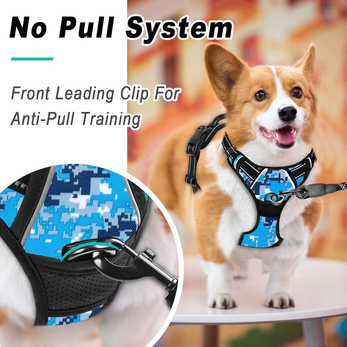 BARKBAY No Pull Dog Harness Large Step in Reflective Dog Harness with Front Clip and Easy Control Handle for Walking Training Running(Blue camo,L)