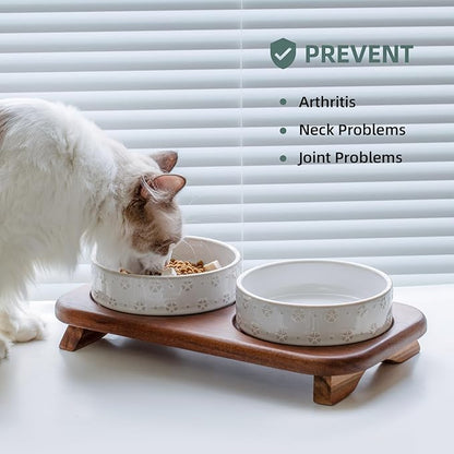 6.1inch Raised Double Cat Bowls Set with Acacia Wood Stand, Wide Whisker Friendly Ceramic Food & Water Bowls for Cats, Puppy, Kitty, Pet Bowl(Double Bowls+Stand, Arctic White)