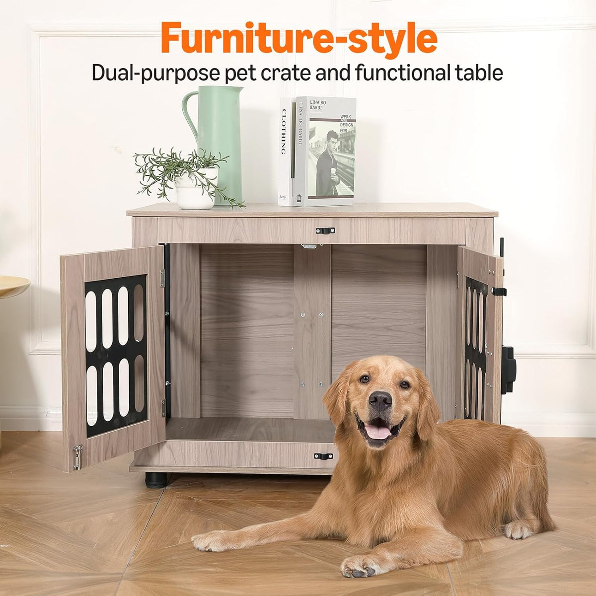 Amazon Basics Heavy Duty Dog Crate Furniture for Small to Medium Dogs, Wooden Decorative Dog Kennel Cage Indoor with Safety Lock, 38.5" L x 26.8" W x 25.6" H