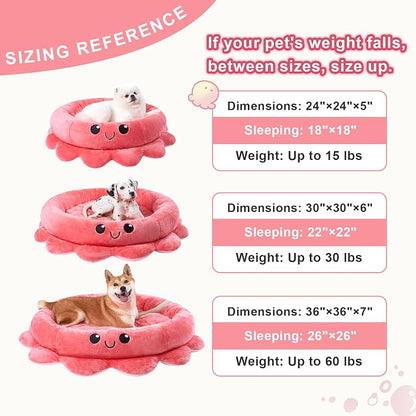 Cute Calming Dog Beds Clearance for Medium Small Dogs, Anxiety Bolster Dog Bed with Octopus Shape, Pink, Red, Boho, Round Pet Bed Cat with Removable Cushion