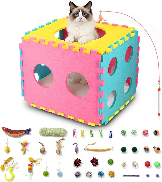 Cat Houses with 40 Cat Toys for Indoor Cats, Cute Cat Bed Cave for Multiple Large Cats, Kitten Toys for Indoor Kittens, 17 Inches