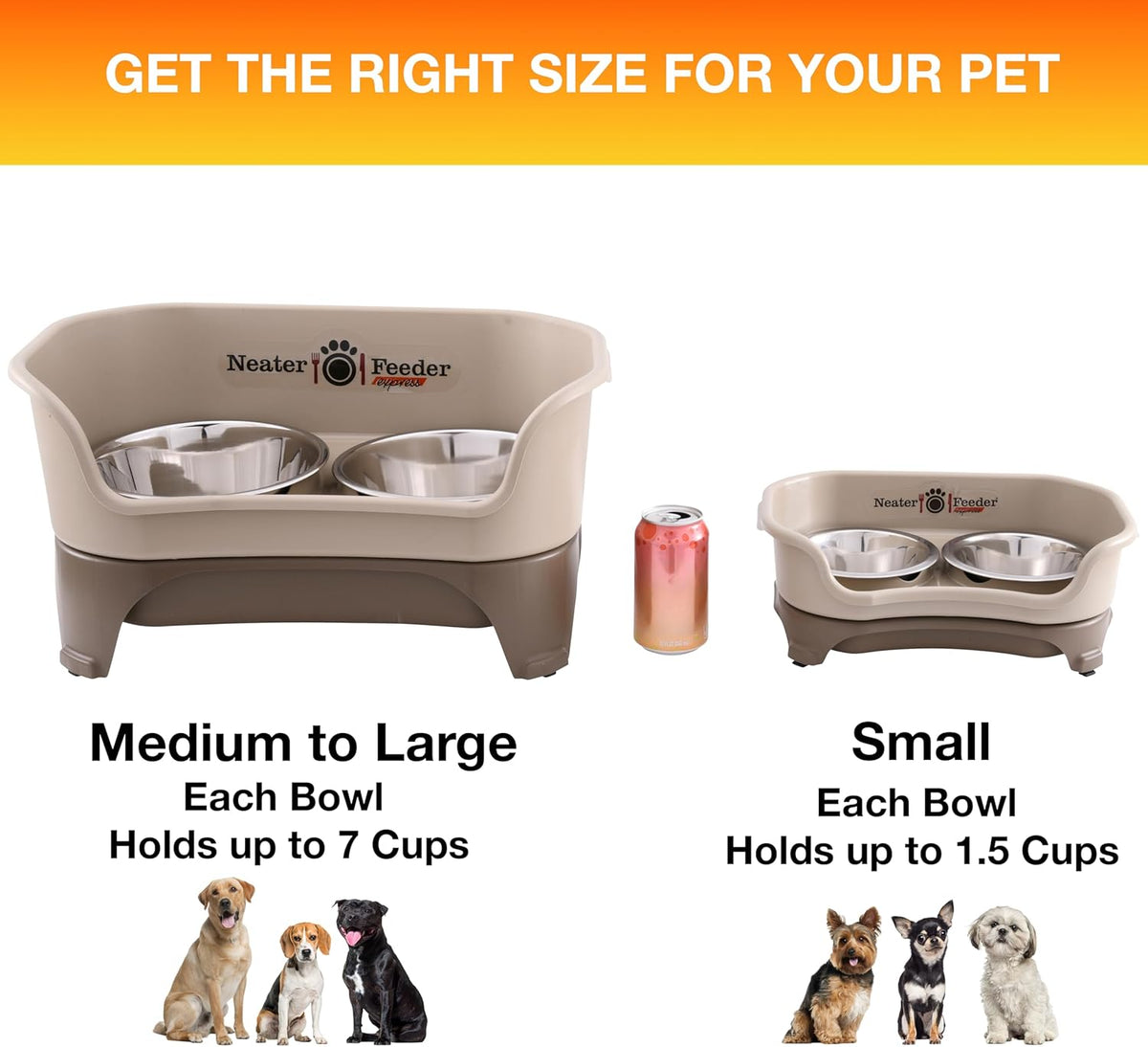 Neater Feeder Express Mess Proof Dog Bowls Elevated for Small Breeds under 15 Lb, Made in USA, No Spill Raised Dog Food Bowl Stand, Stainless Steel Food and Water Bowl Set, Feeding Station, Cappuccino
