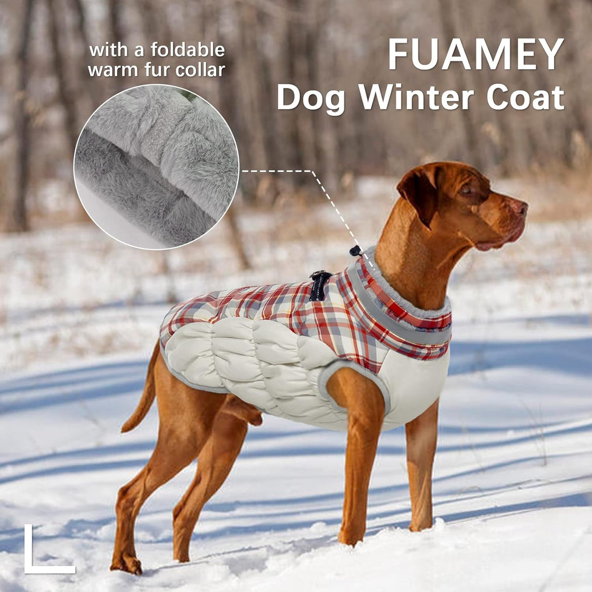 FUAMEY Dog Coat for Large Dogs,Waterproof Dog Winter Jacket with Harness Built in Puppy Cold Weather Coats Reflective Pet Vest with Zipper Warm Fleece Dogs Snowsuit Windproof Red Plaid L