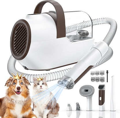 Dog Grooming Vacuum, Dog Grooming Kit with Pet Clipper Nail Grinder, 3 Suction Modes Dog Brush Vacuum with 6 Pet Grooming Tools (Brown)