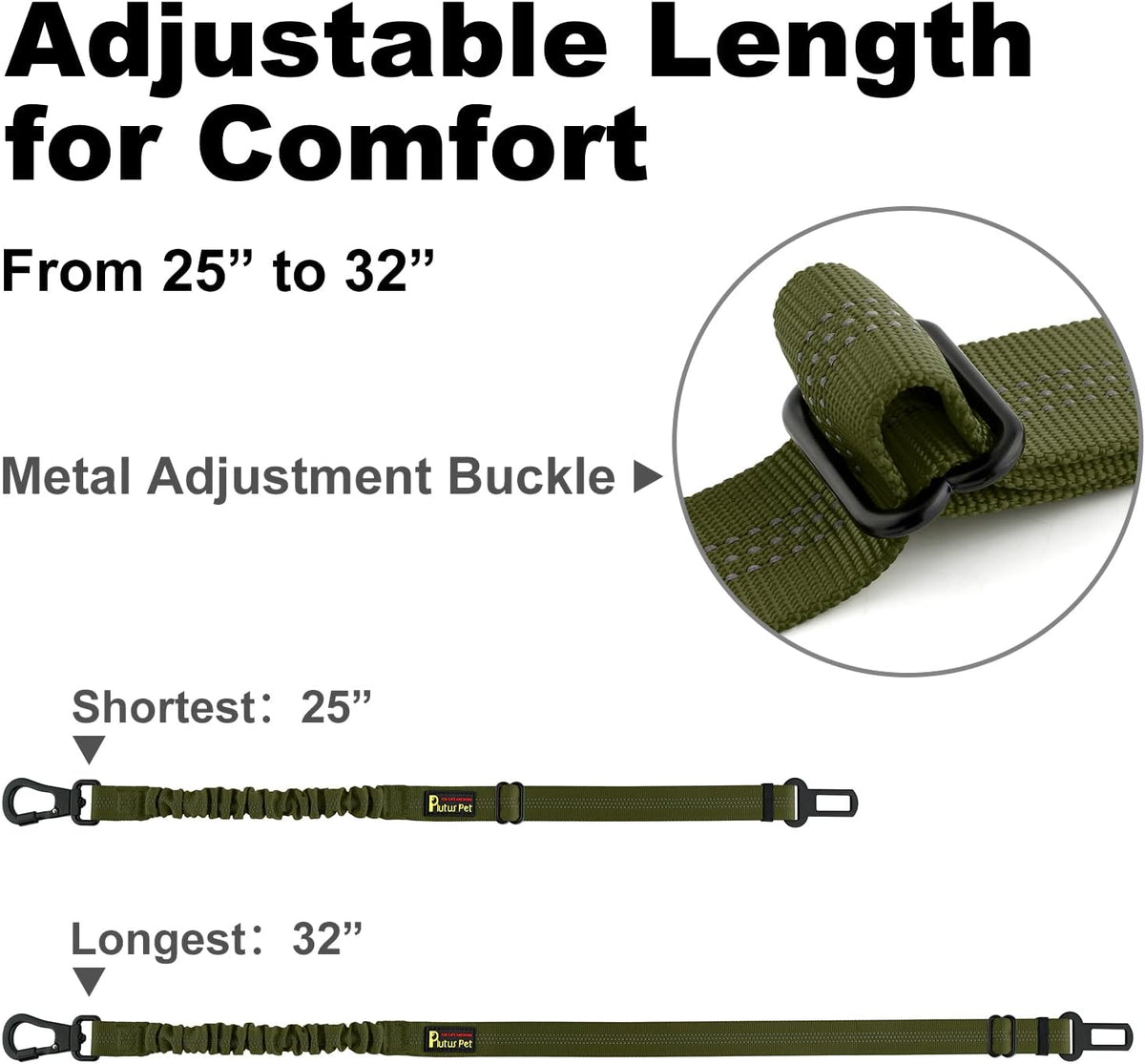 Plutus Pet Dog Seat Belt for Car, Adjustable Dog Car Harness with Carabiner Clip, Reflective Safety Dog Seatbelt Leash with Elastic Bungee, Ranger Green