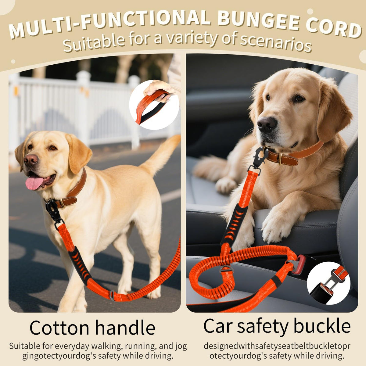 Heavy Duty Tactical Dog Leash, 4-6FT Shock Absorbing Bungee Leash with 2 Padded Handles, Metal Carabiner Clip, Car Seatbelt, Reflective leashes for Large Breed Dogs Medium Dog (Orange)