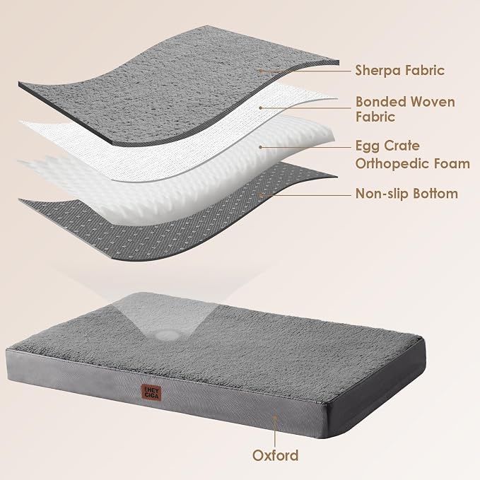 EHEYCIGA Orthopedic Dog Bed Large with Removable Washable Cover, 50IN Grey | Egg Crate Foam Support, Durable Oxford fabric, Non-Slip Bottom, Machine Washable, Soft Waterproof Plush Pet Bed Mat For Crate