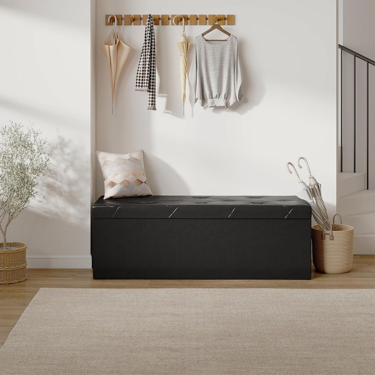 Sweetcrispy 43 Inches Folding Ottoman with Storage Bench, Foot Rest Stool, End of Bed Storage Bench Upholstered, Load 660 lbs, for Living Room, Lychee Grain Leather, Black