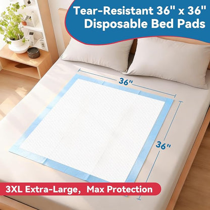 BIGGMED 36" x 36" 100 Count Tear-Resistant Disposable Bed Pads Super Absorbent Underpads, 3XL Extra Large Chux Pads, Thicker Incontinence Bed Pads for Adults, Kids, Elderly, Pee Pads