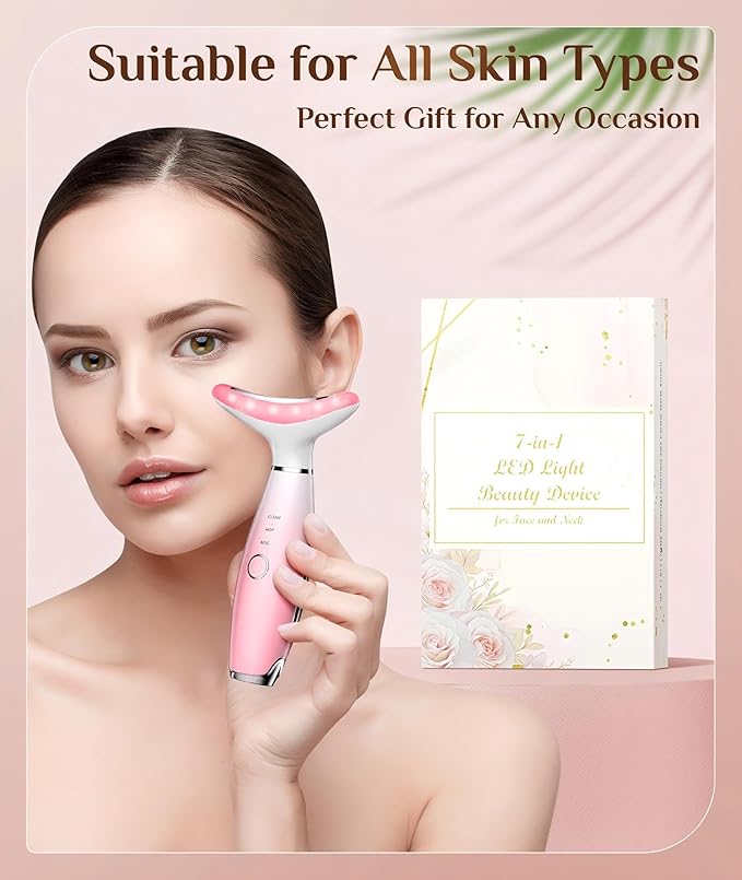 7 Color Galvanic Machines - Red Light Therapy for Face and Neck, Face Massager Tool for Wrinkles, Double Chin, Vibrating Facial Massager with Thermals, Pink