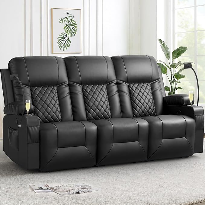FURNIMAT Recliner Sofa, 3 Seats Dual Reclining Sofa, PU Leather Loveseat Couch, Modern Recliner Chair for Living Room, with Cup Holder and 2 Cell Phone Holder, USB Ports, Black