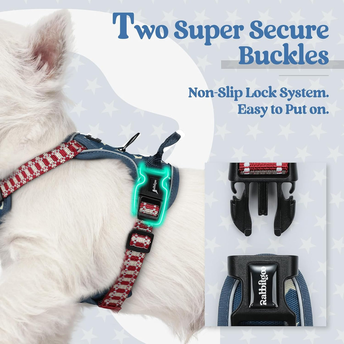 rabbitgoo Dog Harness No Pull with 2 Leash Clips, Adjustable Soft Padded, Reflective Oxford No Choke Pet Vest with Easy Control Handle for Large Dogs, Blue Star, XS